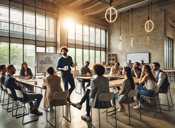 DALL·E 2025-03-05 09.36.55 - Une photo réaliste représentant une formation sur le recouvrement amiable et contentieux dans une salle de formation moderne et épurée. Un formateur e