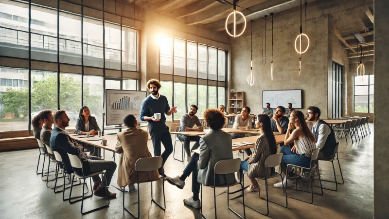 DALL·E 2025-03-05 09.36.55 - Une photo réaliste représentant une formation sur le recouvrement amiable et contentieux dans une salle de formation moderne et épurée. Un formateur e